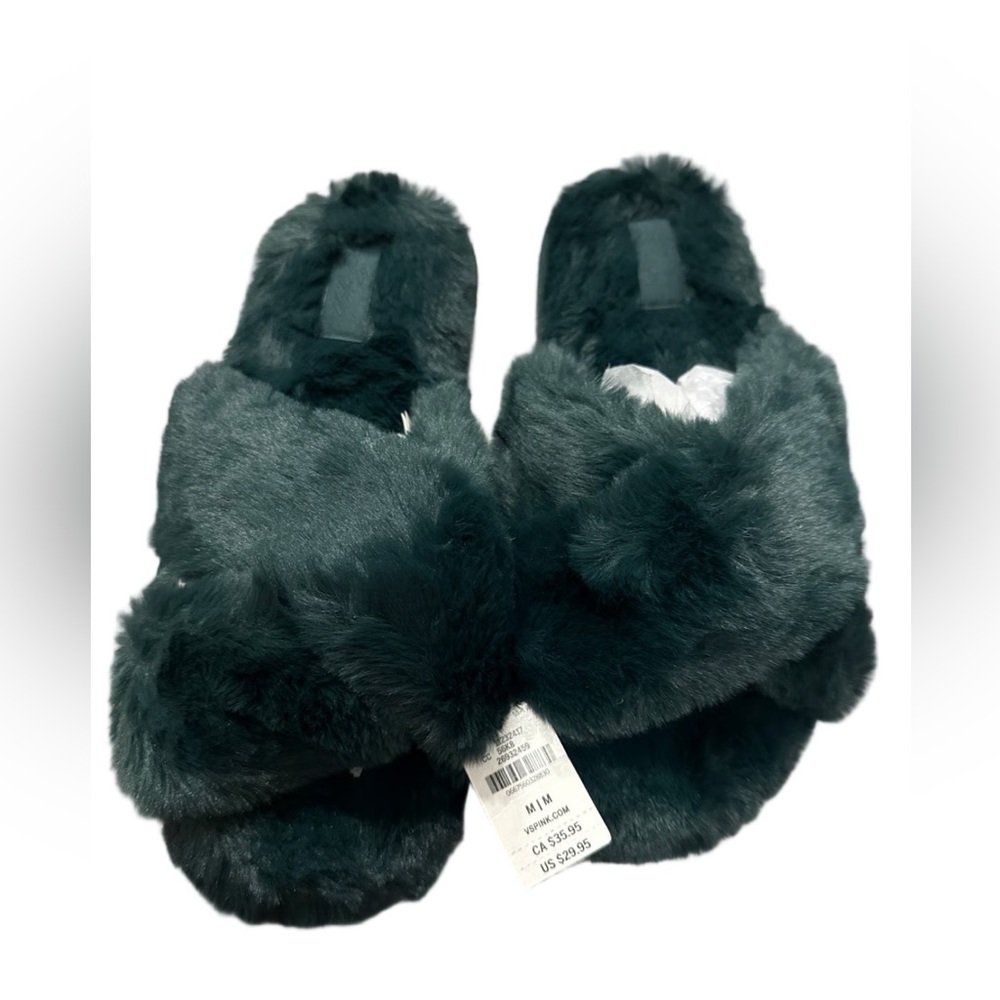 Victoria’s Secret Fuzzy Criss-Cross Slippers – Teal Green (Size M 7/8)